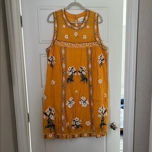 Anthropologie Embroidered Floral Yellow Sleeveless Dress